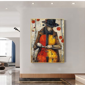 Large Abstract Cellist Oil Painting on Canvas Wall Art, Original Contemporary Custom Painting Bedroom Wall Decor Cello Player Gift for Him