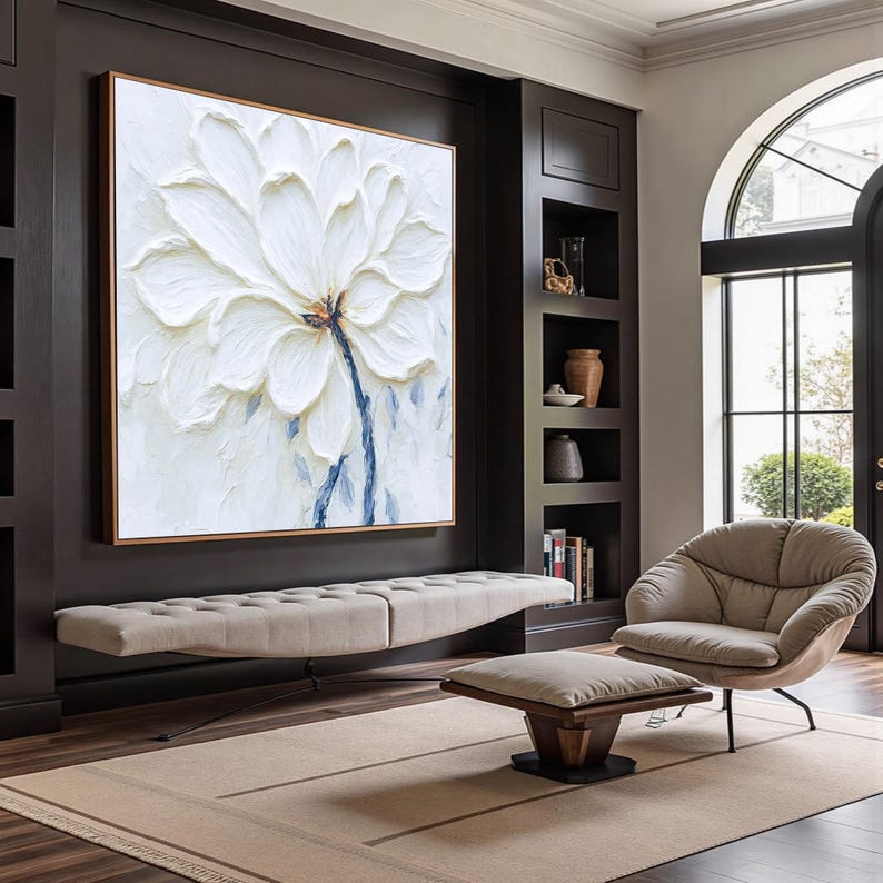 Original Textured White Flower Painting, 3D Floral Wall Art, Minimalist Impasto Canvas Art, Modern Artwork, Large Square Art For Living Room