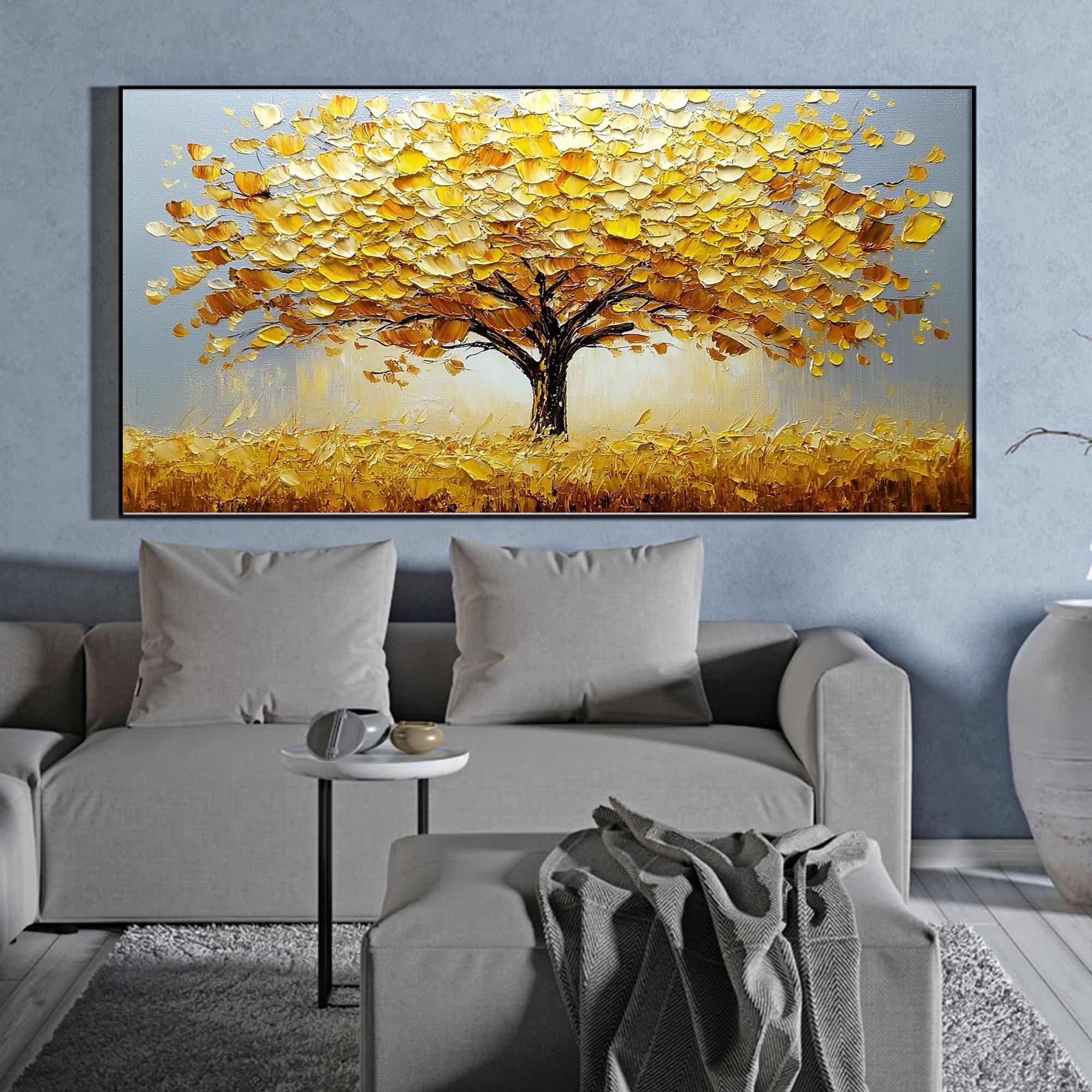 オリジナルのゴールデンツリーキャンバス油絵、抽象的なゴールド