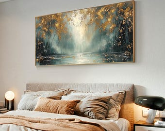 キャンバスに描かれた抽象風景画、オリジナルの金箔画、黄金の森の絵画
