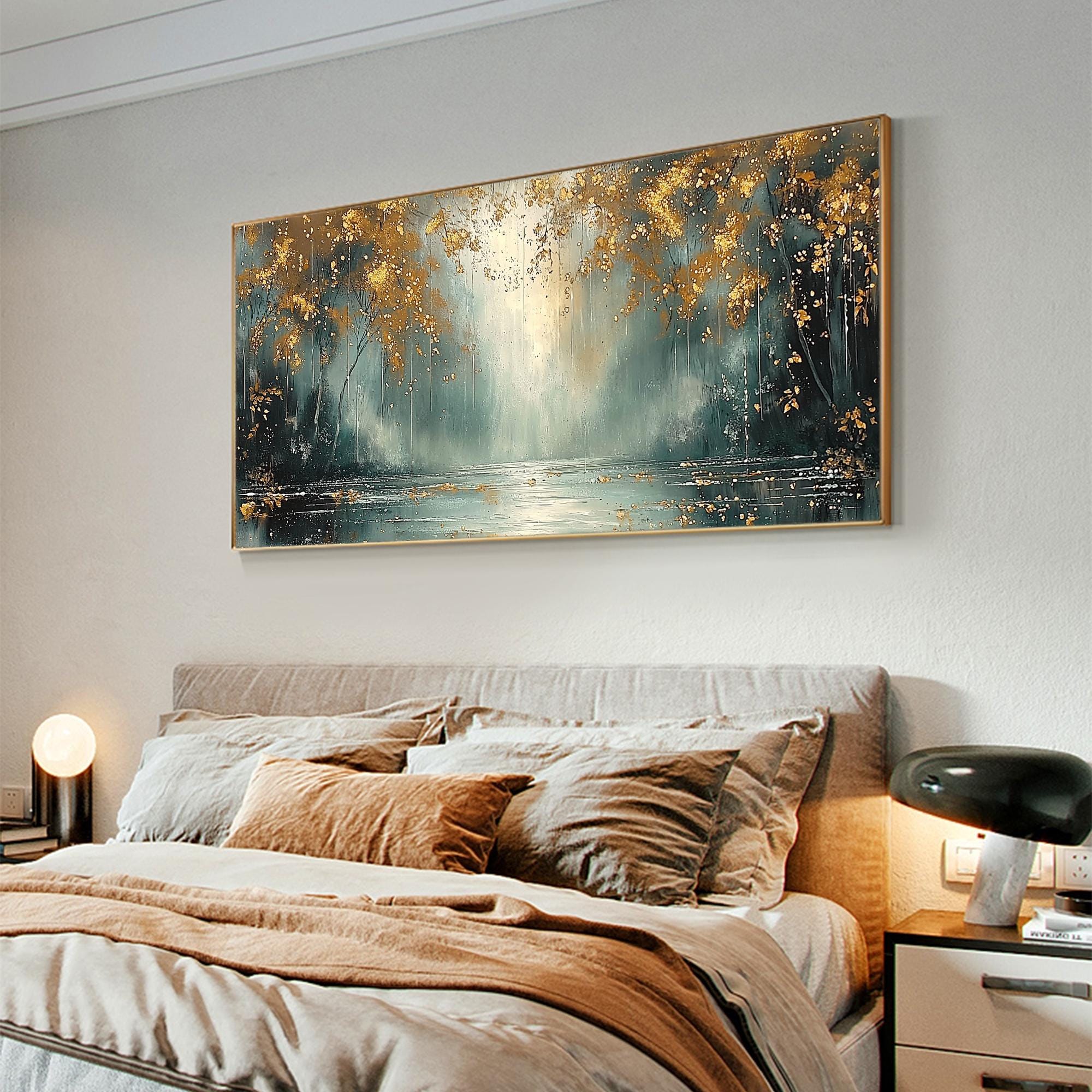 キャンバスに描かれた抽象風景画、オリジナルの金箔画、黄金の森の絵画