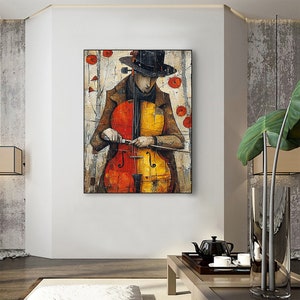 Large Abstract Cellist Oil Painting on Canvas Wall Art, Original Contemporary Custom Painting Bedroom Wall Decor Cello Player Gift for Him