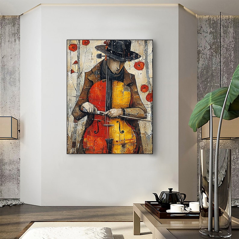 Large Abstract Cellist Oil Painting on Canvas Wall Art, Original Contemporary Custom Painting Bedroom Wall Decor Cello Player Gift for Him