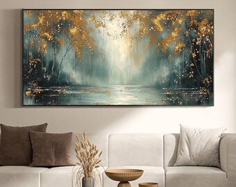 キャンバスに描かれた抽象風景画、オリジナルの金箔画、黄金の森の絵画