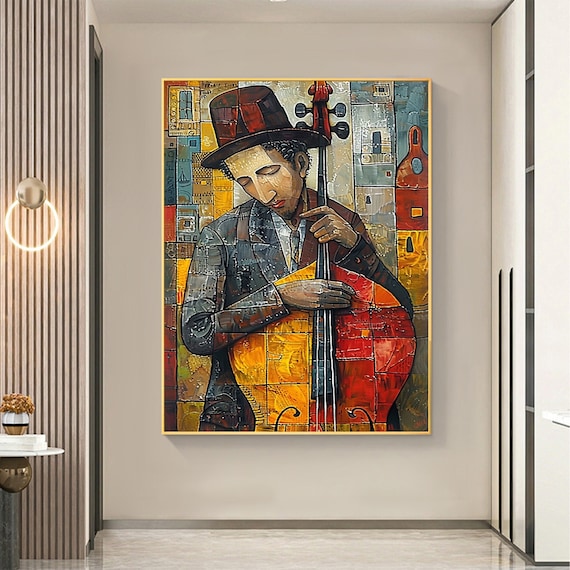 Abstract Cellist Oil Painting on Canvas, Large Wall Art Original Textured Figure Painting Contemporary Home Decor Handmade Cello Player Gift