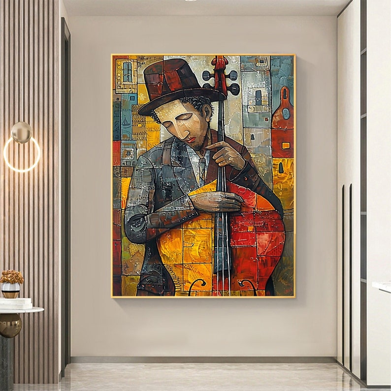 Abstract Cellist Oil Painting on Canvas, Large Wall Art Original Textured Figure Painting Contemporary Home Decor Handmade Cello Player Gift