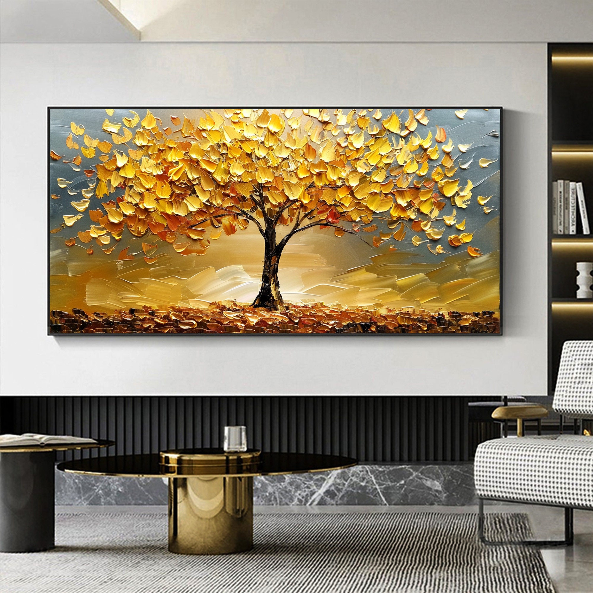 Abstract Tree Landscape Oil Painting on Canvas Original Textured Gold ...