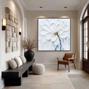 Original Textured White Flower Painting, 3D Floral Wall Art, Minimalist Impasto Canvas Art, Modern Artwork, Large Square Art For Living Room