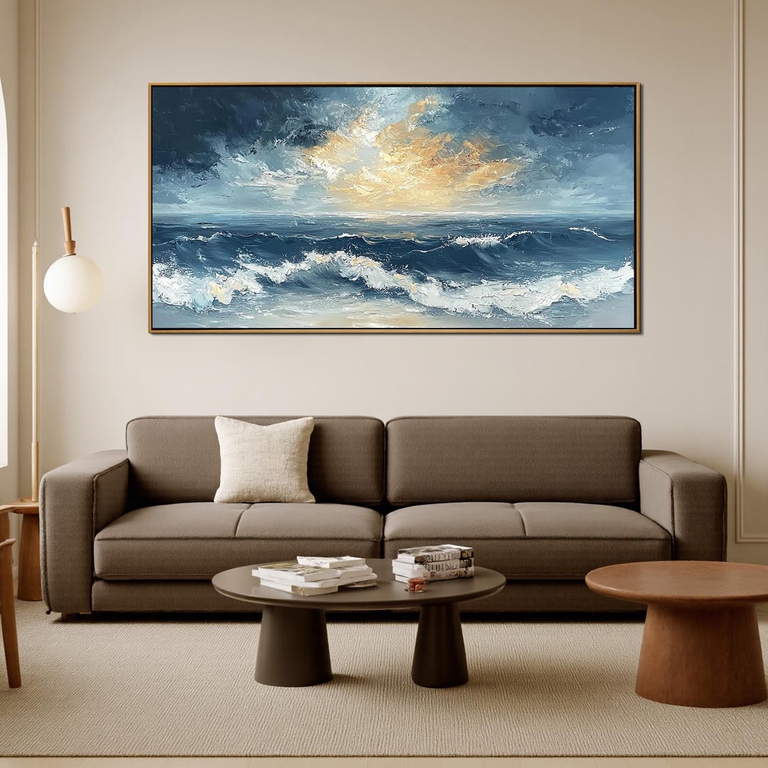 キャンバスに描かれたオリジナルの夕日の海の油絵、大きなテクスチャの