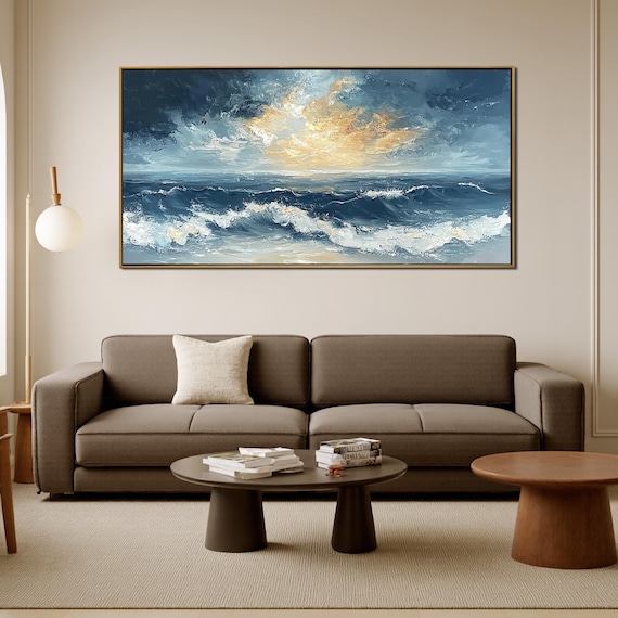 【購入不可】確認用 キャンバスに描かれたオリジナルの夕日の海の油絵、大きなテクスチャの