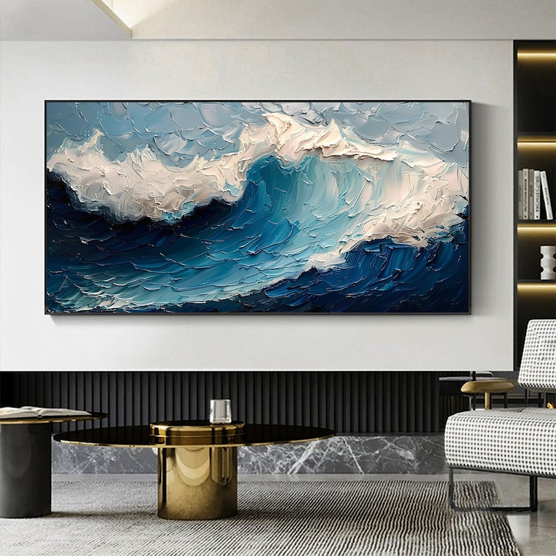Original Blue Ocean Painting on Canvas Large Abstract Textured Sea ...