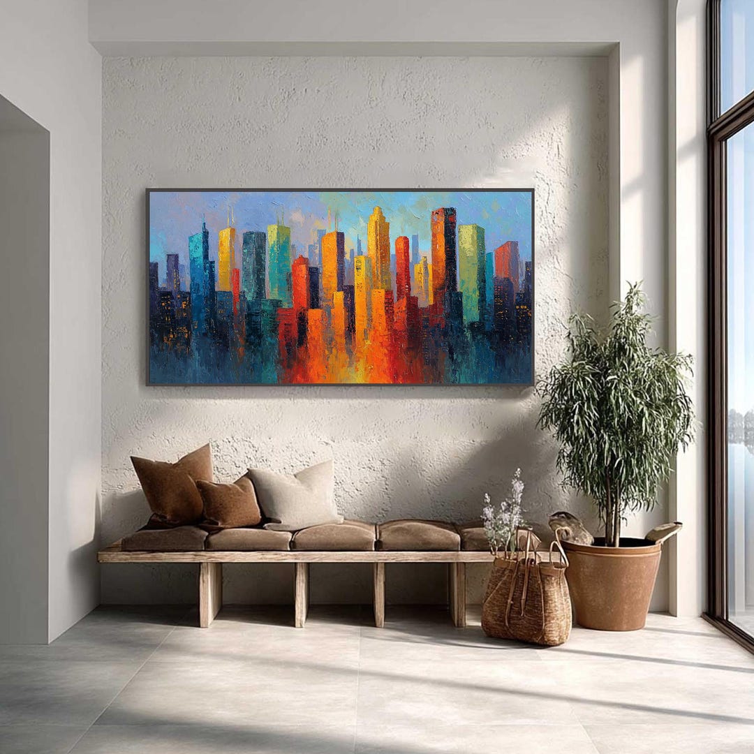 Original City Skyline Oil Painting, Abstract Urban Dusk on Canvas ...