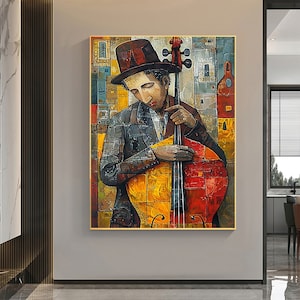 Abstract Cellist Oil Painting on Canvas, Large Wall Art Original Textured Figure Painting Contemporary Home Decor Handmade Cello Player Gift