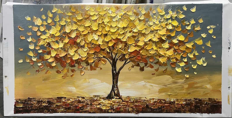 Abstract Tree Landscape Oil Painting on Canvas Original Textured Gold ...