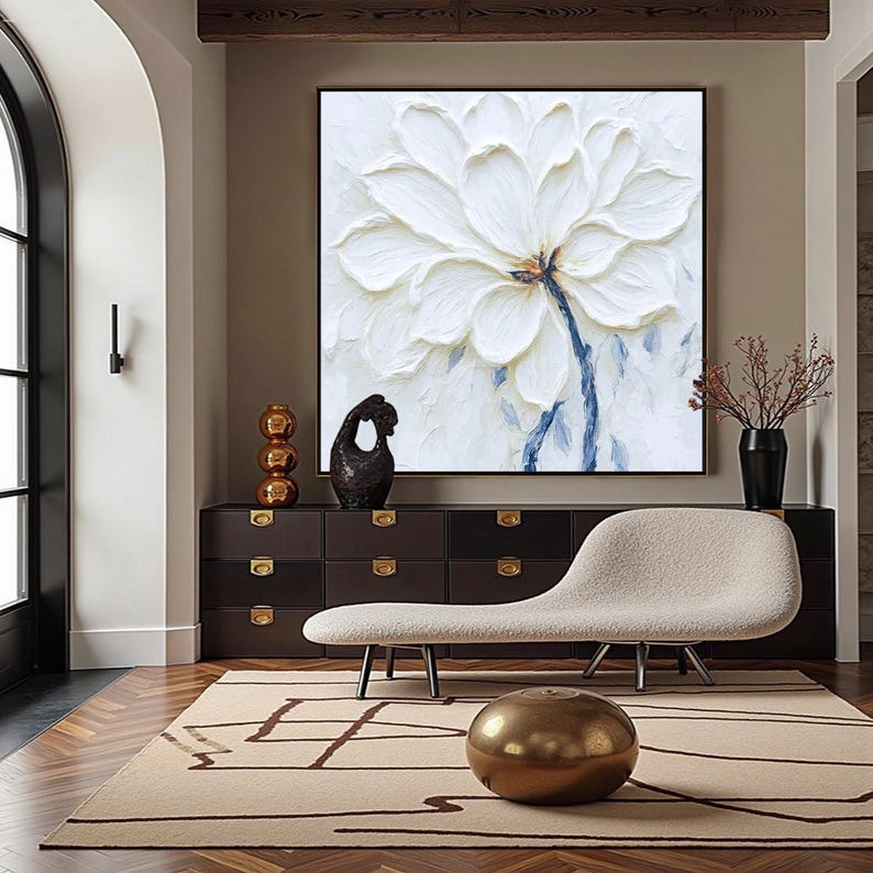 Original Textured White Flower Painting, 3D Floral Wall Art, Minimalist Impasto Canvas Art, Modern Artwork, Large Square Art For Living Room