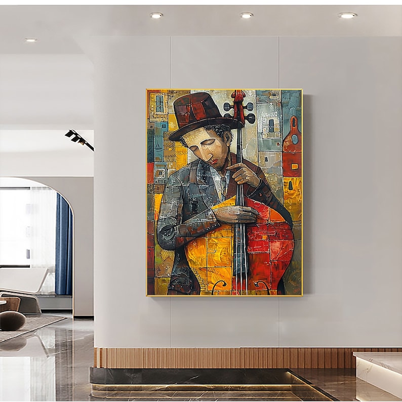 Abstract Cellist Oil Painting on Canvas, Large Wall Art Original Textured Figure Painting Contemporary Home Decor Handmade Cello Player Gift