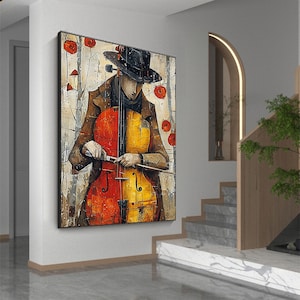 Large Abstract Cellist Oil Painting on Canvas Wall Art, Original Contemporary Custom Painting Bedroom Wall Decor Cello Player Gift for Him
