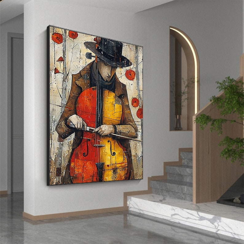 Large Abstract Cellist Oil Painting on Canvas Wall Art, Original Contemporary Custom Painting Bedroom Wall Decor Cello Player Gift for Him