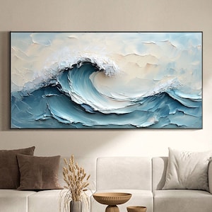 Original Seascape Oil Painting On Canvas, Abstract Surfing Painting, Large Textured Seaside Wall Art, Modern Custom Living Room Home Decor