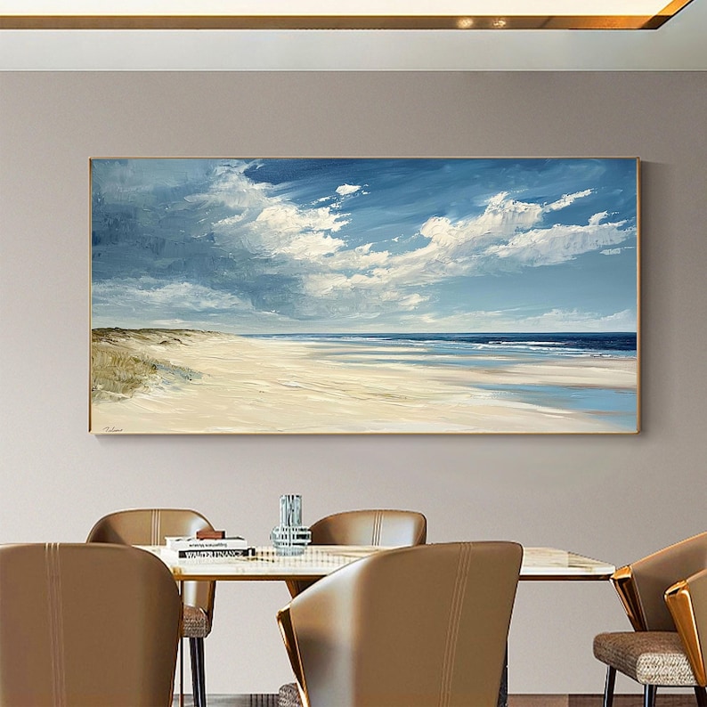 Minimalist Blue Ocean Oil Painting on Canvas, Abstract Sea Waves Painting, Large Original Ocean Seascape Wall Art, Modern Living Room Decor
