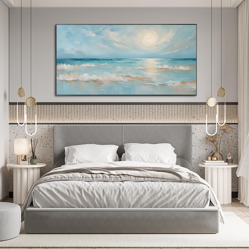 Original Blue Ocean Scenery Oil Painting On Canvas, Large Seascape Wall Art, Abstract Sea Waves Painting, Modern Living Room Home Decor