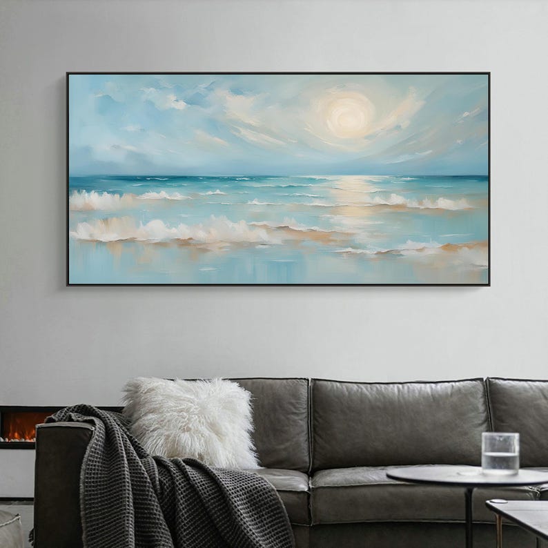 Original Blue Ocean Scenery Oil Painting On Canvas, Large Seascape Wall Art, Abstract Sea Waves Painting, Modern Living Room Home Decor