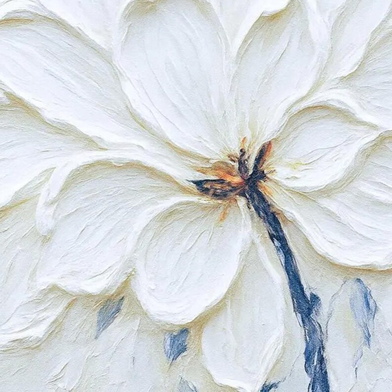 Original Textured White Flower Painting, 3D Floral Wall Art, Minimalist Impasto Canvas Art, Modern Artwork, Large Square Art For Living Room