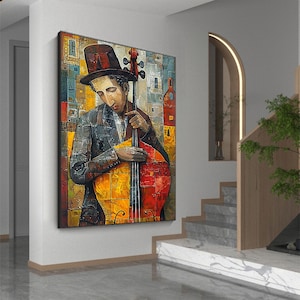 Abstract Cellist Oil Painting on Canvas, Large Wall Art Original Textured Figure Painting Contemporary Home Decor Handmade Cello Player Gift