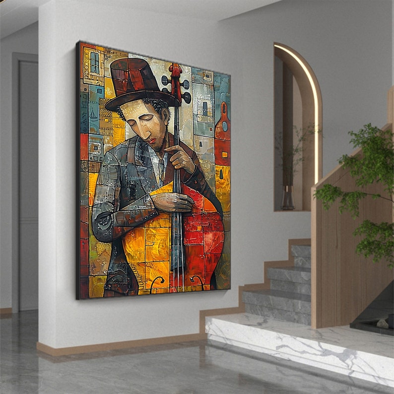 Abstract Cellist Oil Painting on Canvas, Large Wall Art Original Textured Figure Painting Contemporary Home Decor Handmade Cello Player Gift