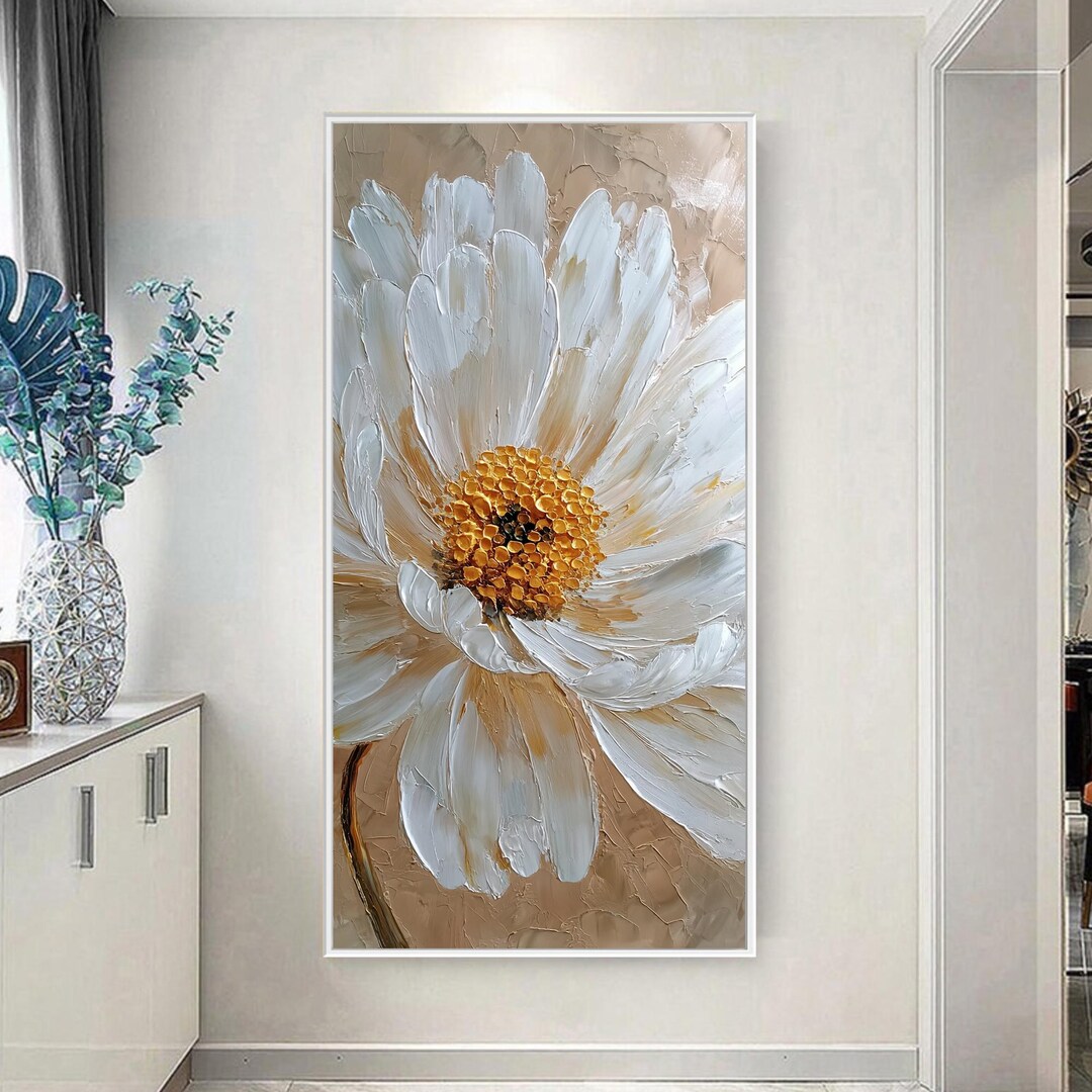 3D White Flower Painting on Canvas, Textured Floral Wall Art, Original ...