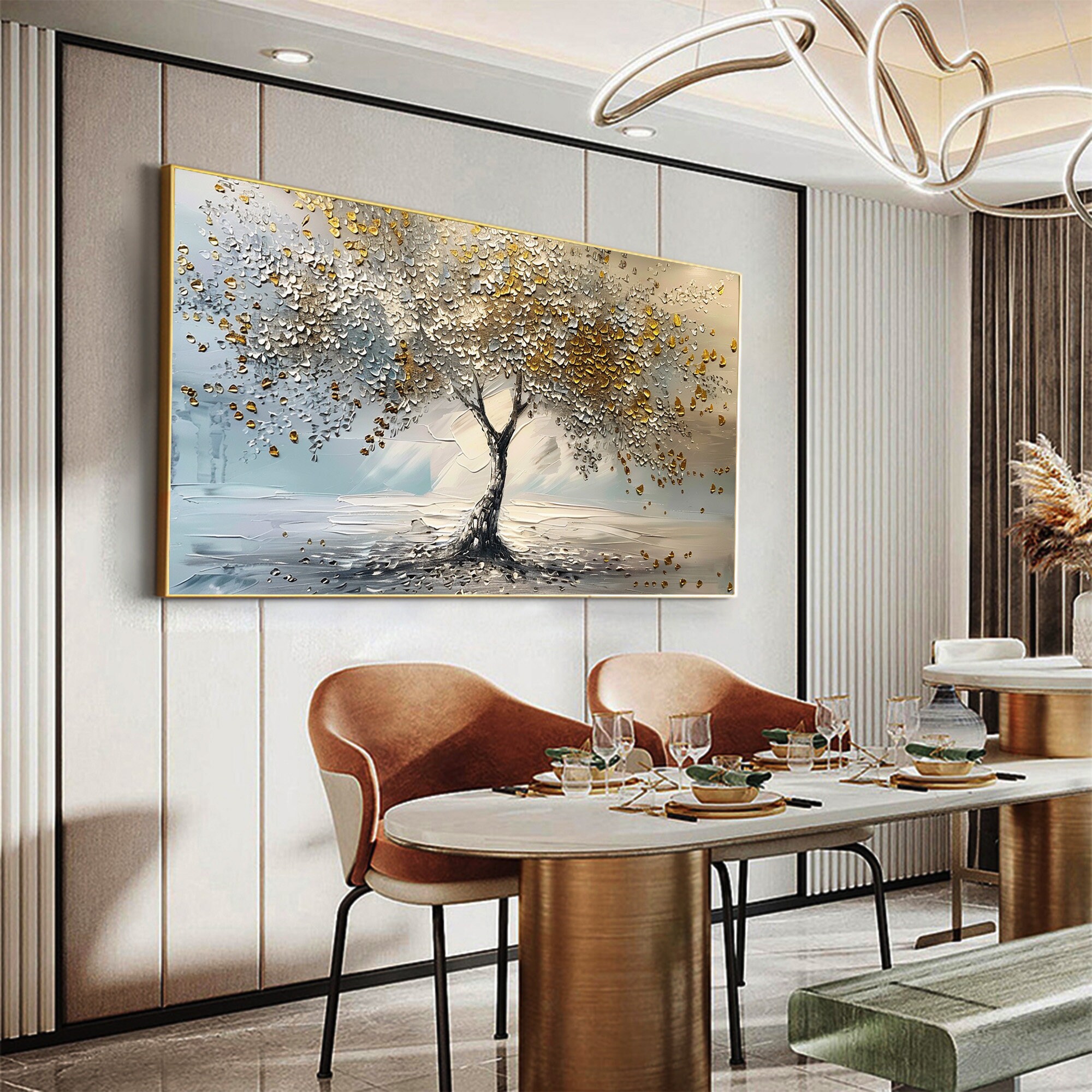 Textured Blossom Tree Oil Painting on Canvas, Large Abstract Grey Wall ...