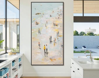 Coastal Beach Oil Painting, Impressionist People Wall Art, Summer Seaside Canvas Art, Relaxing Ocean Home Decor, Serene Vacation Travel Gift