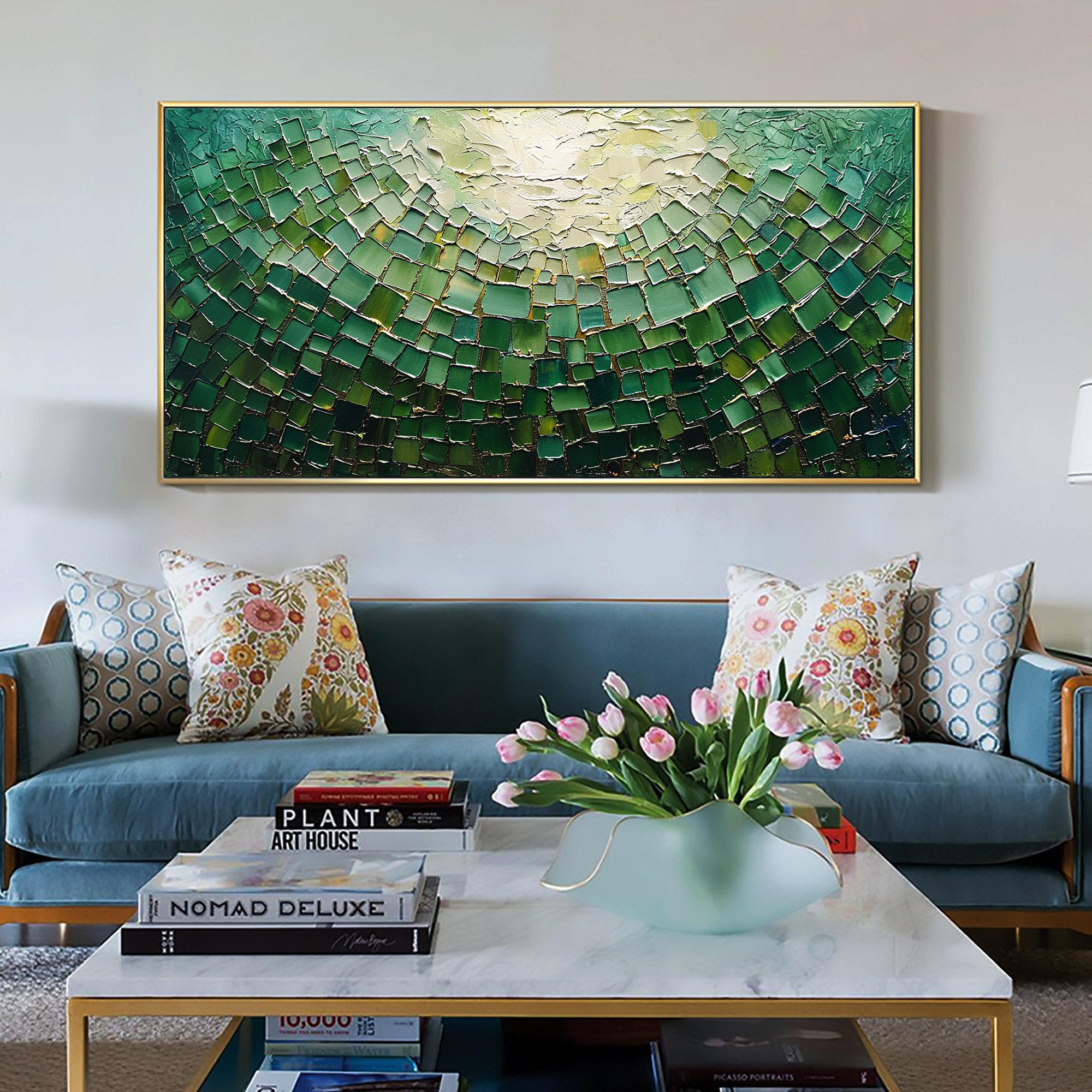 Original Green Oil Painting on Canvas, Large Abstract Textured Palette