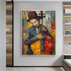 Abstract Cellist Oil Painting on Canvas, Large Wall Art Original Textured Figure Painting Contemporary Home Decor Handmade Cello Player Gift