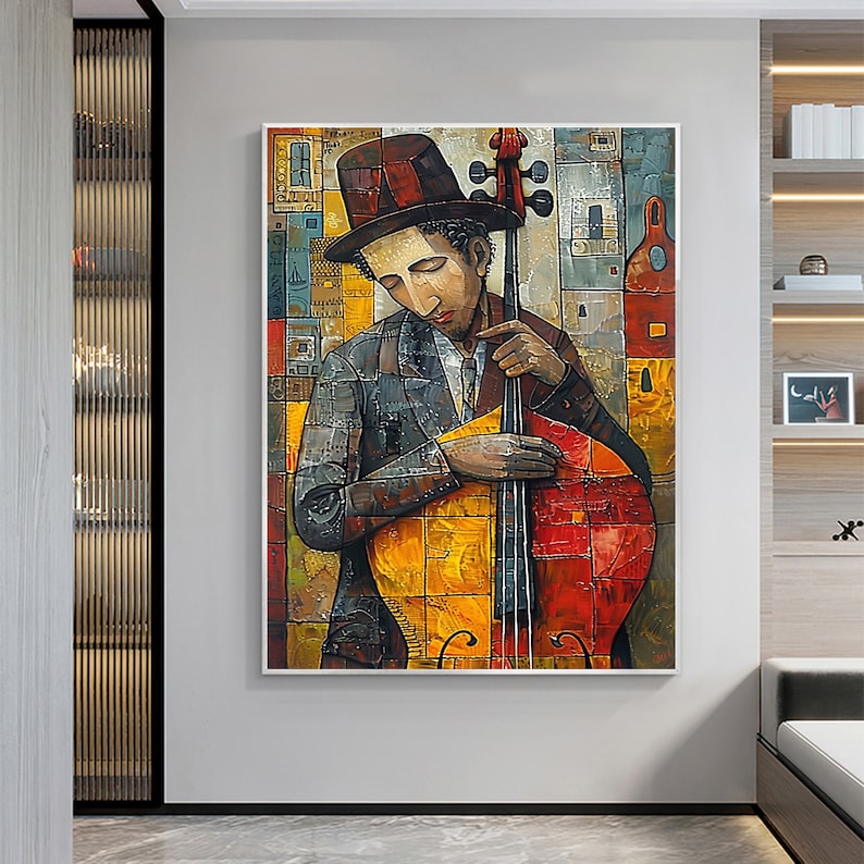 Abstract Cellist Oil Painting on Canvas, Large Wall Art Original Textured Figure Painting Contemporary Home Decor Handmade Cello Player Gift