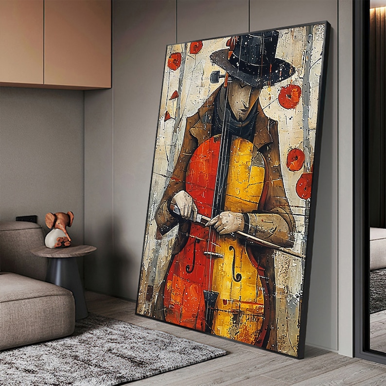 Large Abstract Cellist Oil Painting on Canvas Wall Art, Original Contemporary Custom Painting Bedroom Wall Decor Cello Player Gift for Him