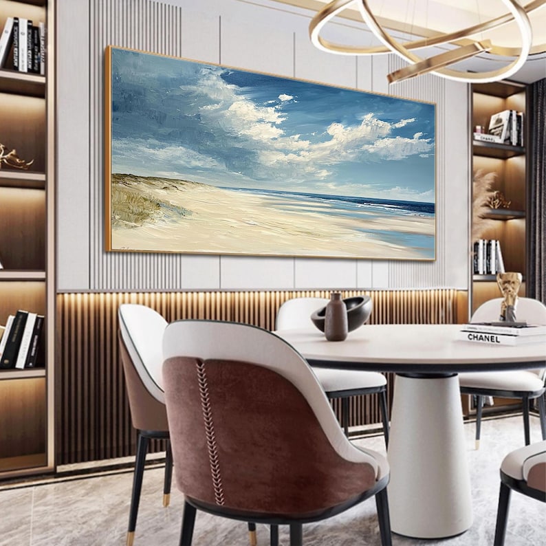 Minimalist Blue Ocean Oil Painting on Canvas, Abstract Sea Waves Painting, Large Original Ocean Seascape Wall Art, Modern Living Room Decor