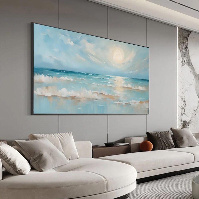 Original Blue Ocean Scenery Oil Painting On Canvas, Large Seascape Wall Art, Abstract Sea Waves Painting, Modern Living Room Home Decor