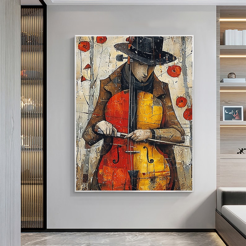 Large Abstract Cellist Oil Painting on Canvas Wall Art, Original Contemporary Custom Painting Bedroom Wall Decor Cello Player Gift for Him