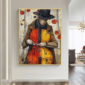 Large Abstract Cellist Oil Painting on Canvas Wall Art, Original Contemporary Custom Painting Bedroom Wall Decor Cello Player Gift for Him