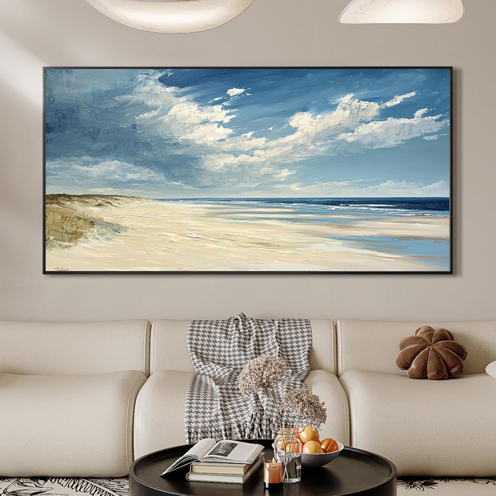 Minimalist Blue Ocean Oil Painting on Canvas, Abstract Sea Waves Painting, Large Original Ocean Seascape Wall Art, Modern Living Room Decor