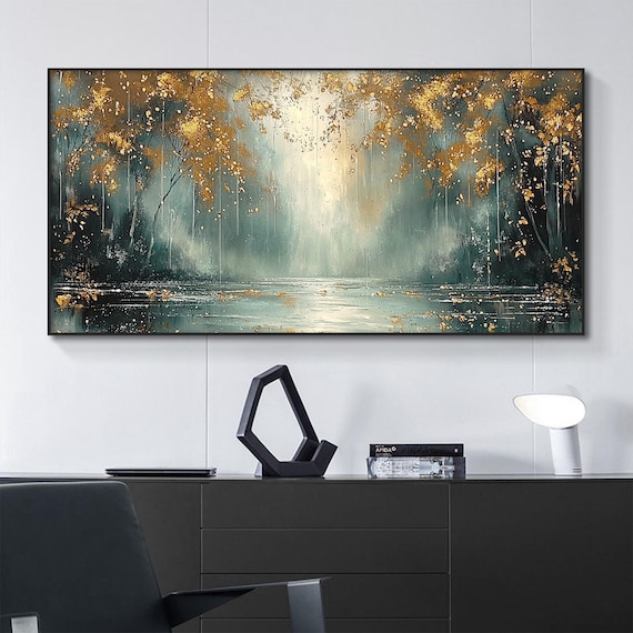 キャンバスに描かれた抽象風景画、オリジナルの金箔画、黄金の森の絵画