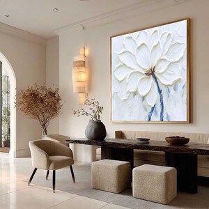 Original Textured White Flower Painting, 3D Floral Wall Art, Minimalist Impasto Canvas Art, Modern Artwork, Large Square Art For Living Room