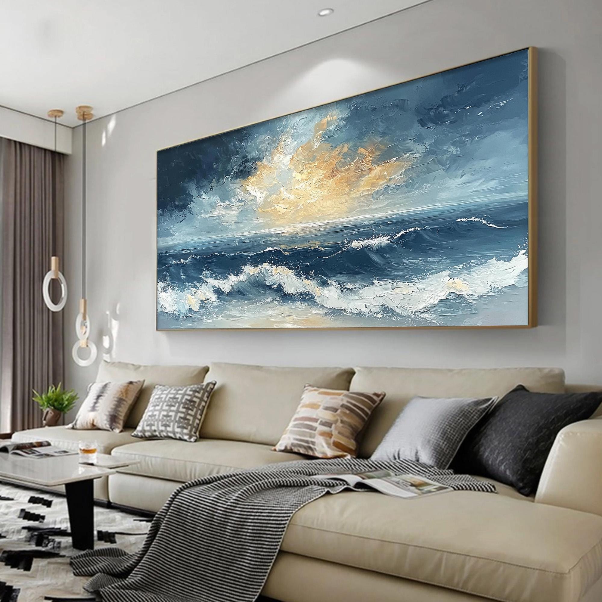 キャンバスに描かれたオリジナルの夕日の海の油絵、大きなテクスチャの