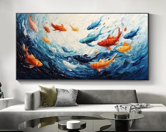 大きな魚の群れを描いた油絵、手描きのインパスト海洋アート - Etsy 日本