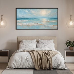 Original Blue Ocean Scenery Oil Painting On Canvas, Large Seascape Wall Art, Abstract Sea Waves Painting, Modern Living Room Home Decor