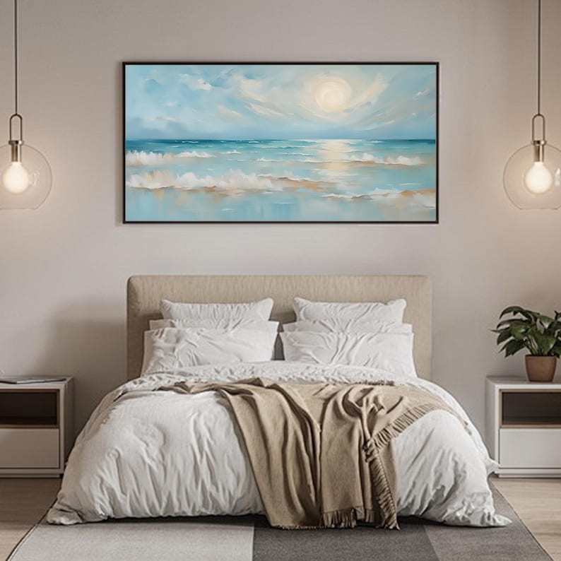 Original Blue Ocean Scenery Oil Painting On Canvas, Large Seascape Wall Art, Abstract Sea Waves Painting, Modern Living Room Home Decor