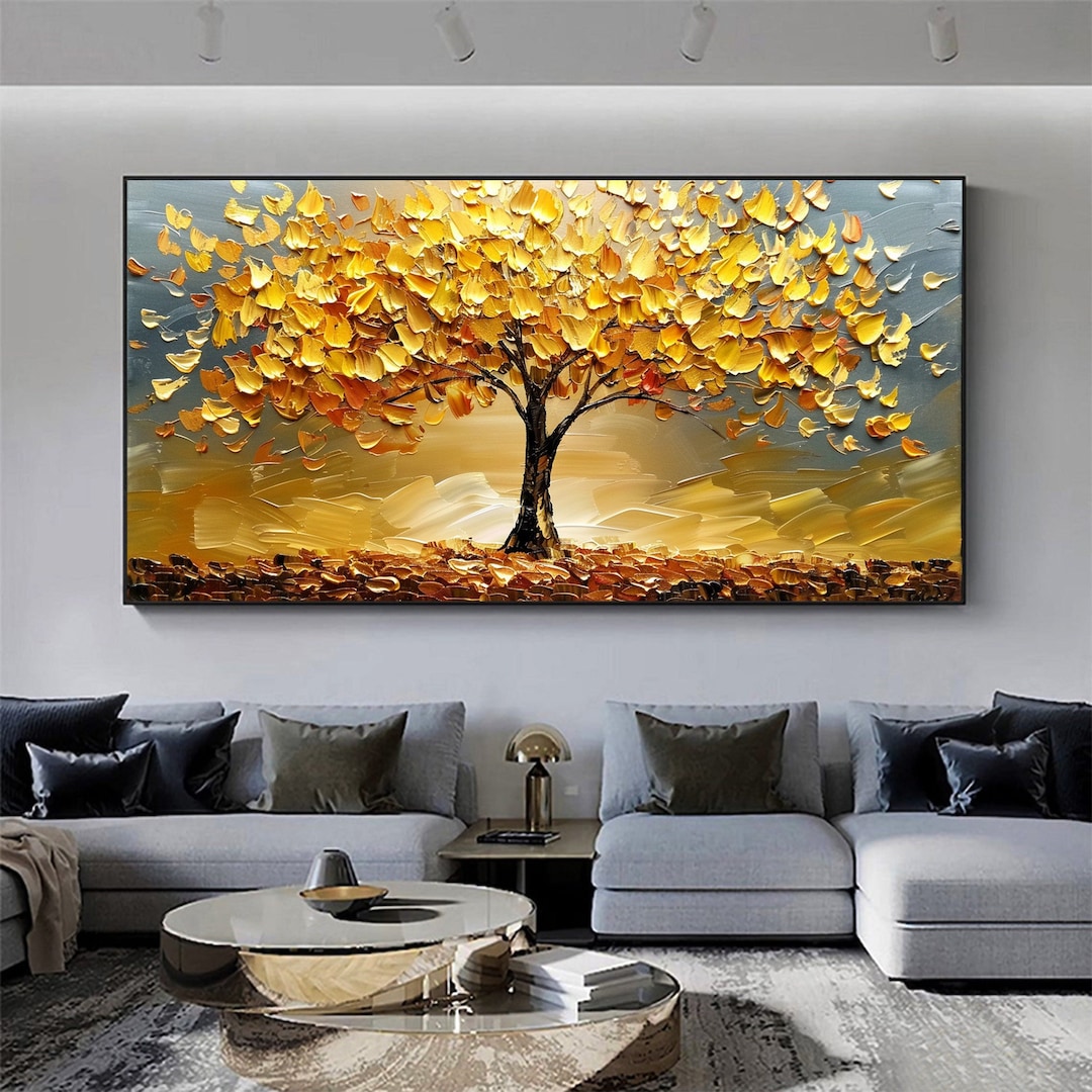Abstract Tree Landscape Oil Painting on Canvas Original Textured Gold ...