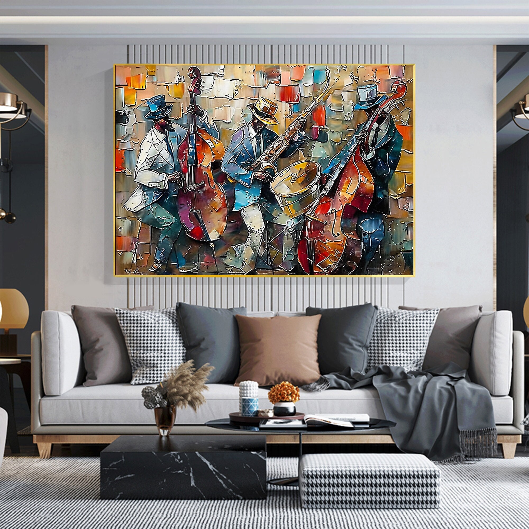 Large Abstract Jazz Band Oil Painting on Canvas Wall Art, Original