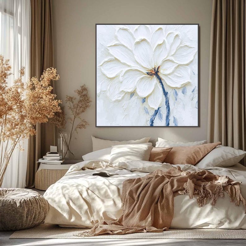 Original Textured White Flower Painting, 3D Floral Wall Art, Minimalist Impasto Canvas Art, Modern Artwork, Large Square Art For Living Room